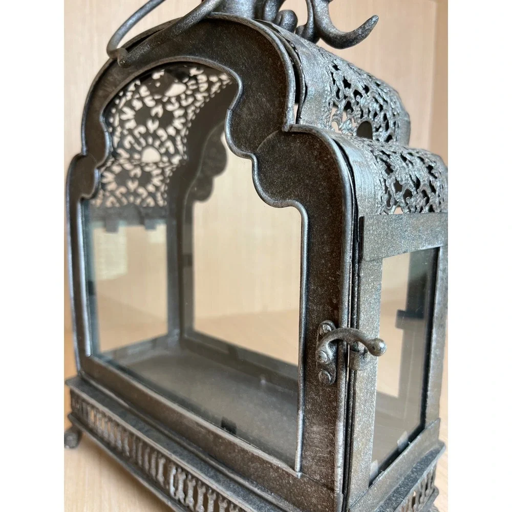 Vintage Moroccan Style Ornate Silver Metal Glass Filigree Candle Lantern Holder